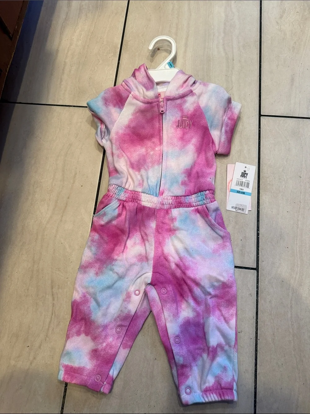 Juicy Couture Pink & Light Blue Tie-Dye Hooded Baby Romper